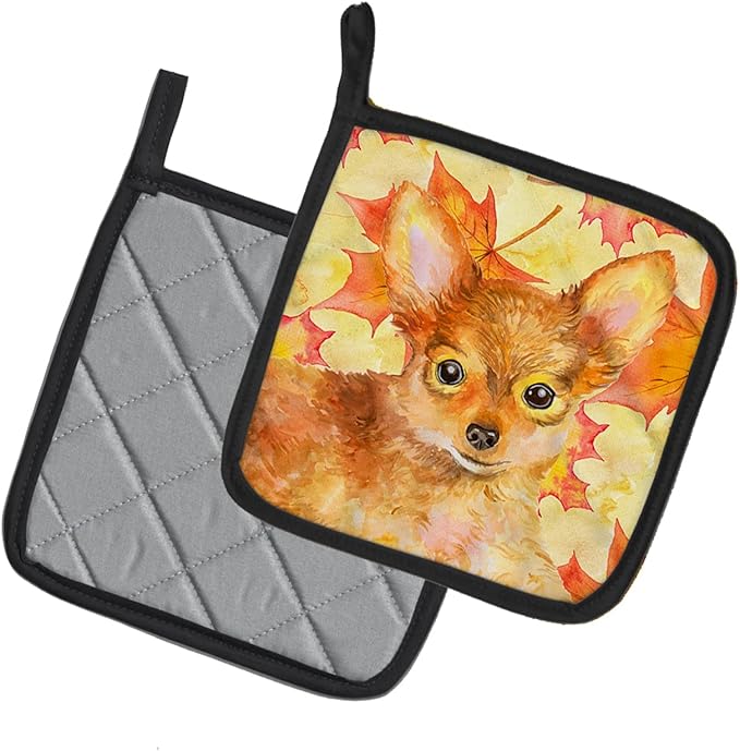 Caroline's Treasures BB9983PTHD Toy Terrier Fall Pair of Pot Holders, Yellow Kitchen Heat Resistant Pot Holders Sets Oven Hot Pads for Cooking Baking BBQ, 7 1/2 x 7 1/2
