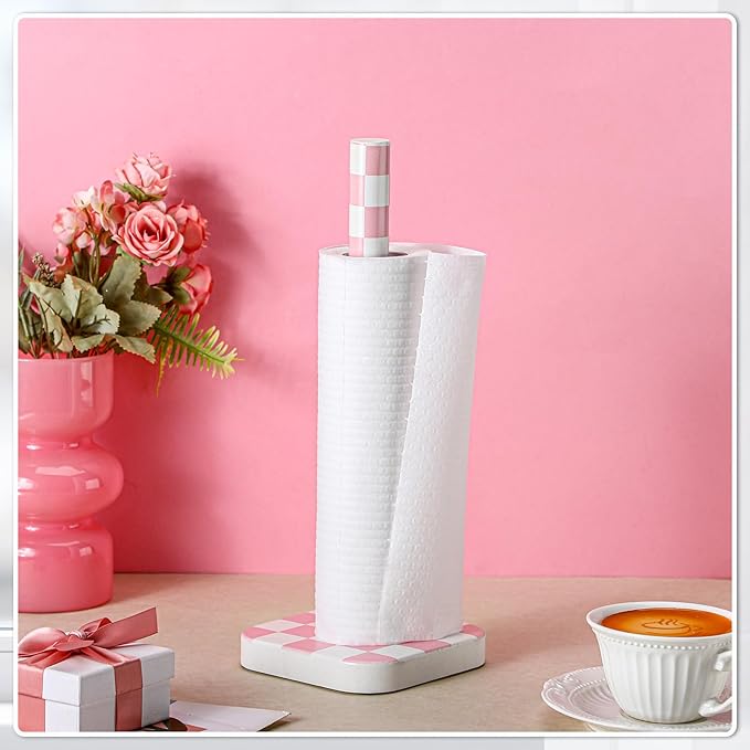 Teenyyou Pink Checkerboard Paper Towel Holder Countertop Wood Standing Paper Roll Holder with Anti Skid Base Pink Decorative for Kitchen Bathrooms Living Room