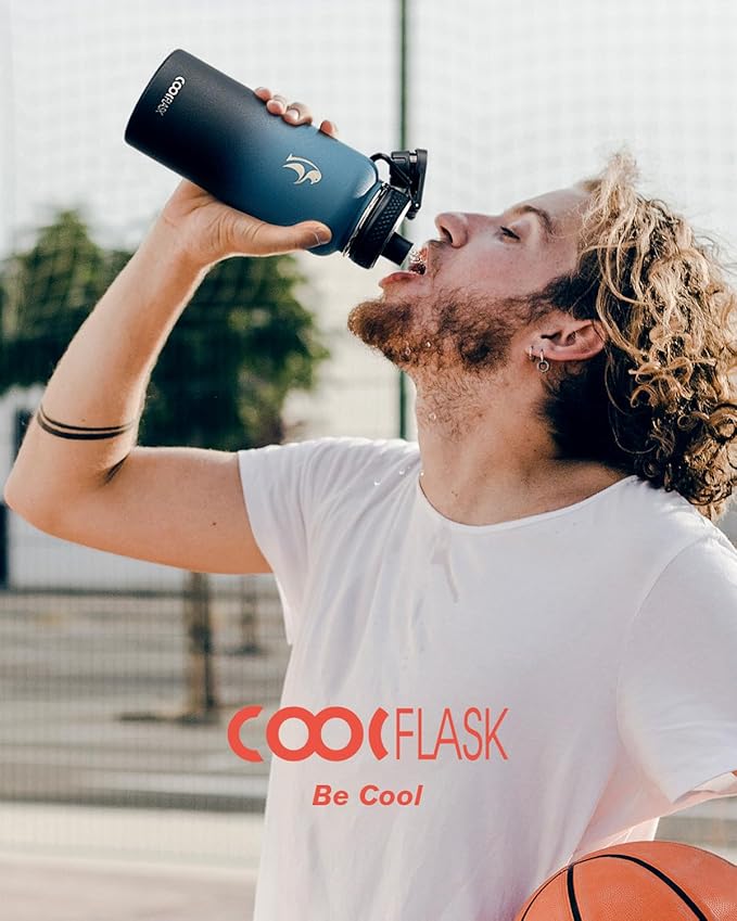 Water Bottle 32 oz Insulated with Straw, Coolflask Stainless Steel Metal 3 Lids Water Flask Wide Mouth for Sports or Office, Non-BPA Keep Cold Up to 48 Hrs or Hot Up to 24 Hrs, Samurai Cyan