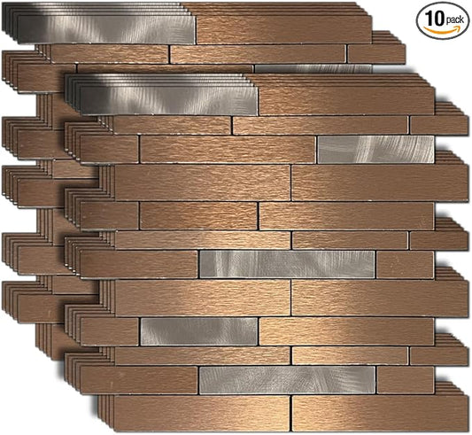 10-Sheet Peel and Stick Backsplash Tile, PVC Mixed Meta,l Stick on Kitchen, Bathroom Vanities, Fireplace Décor, Laundry Table(11.3" X 11.7") (10, Bronze)