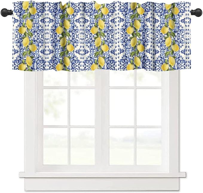 Blue White Tile Valance, Yellow Lemon Summer Fruit Short Rod Pocket Window Curtain for Kitchen Dining Room Bedroom Cafe Resturant Home Decor, 54x18Inch