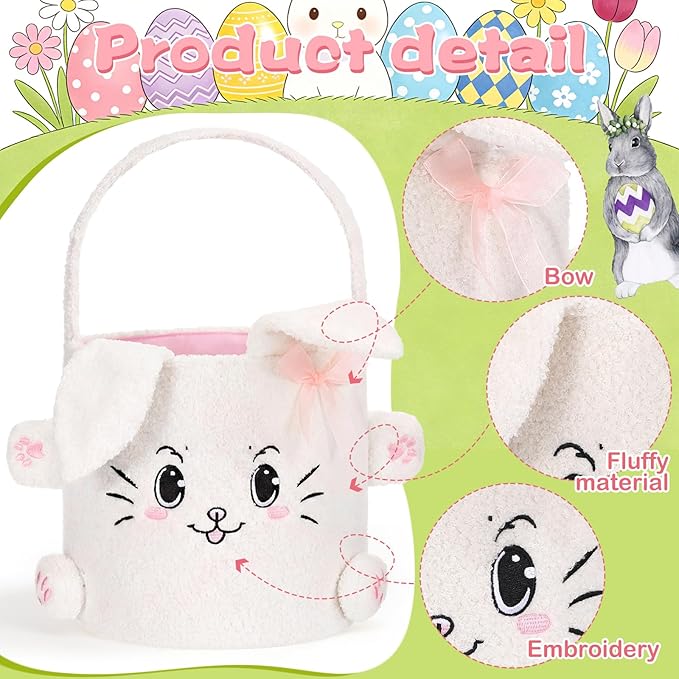Mimorou 3 Pack Easter Basket Soft Plush Bunny Sherpa Personalized Bucket with Rabbit Ears Decorative Bow Large Bunny Tote Bags Ideal for Egg Hunt, Party Favors(White)