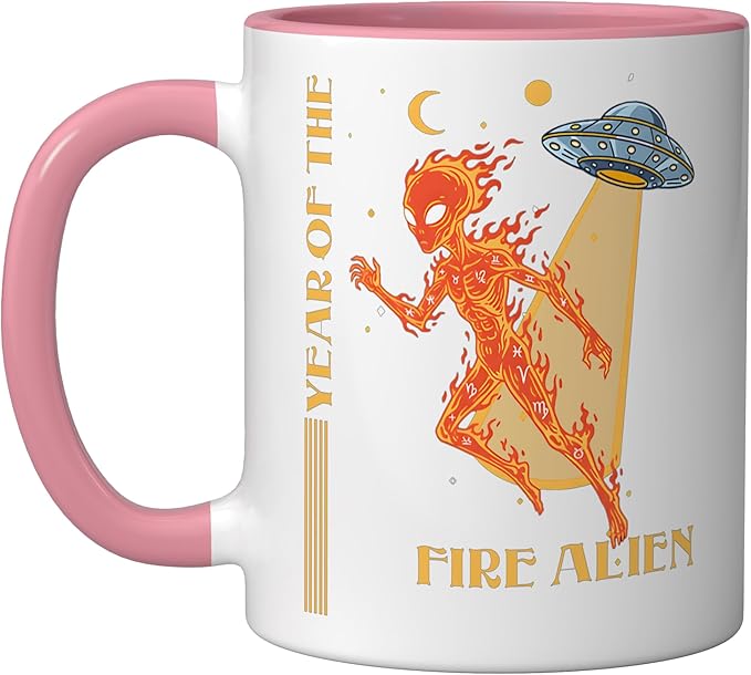Year of the Fire Alien Chinese Zodiac Celestial Astrology Ceramic Mug, Pink/White