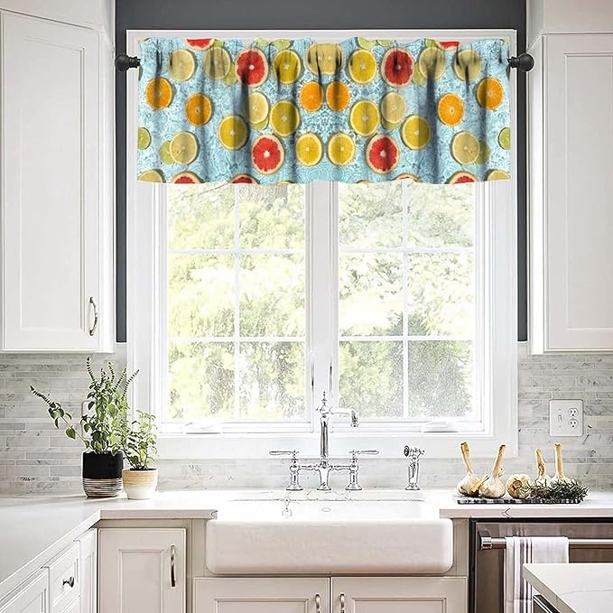 Fruit Curtain Valance, Yellow Lemon Orange Summer Decor Short Window Treatment for Kitchen Dining Resturant Bedroom Living Room Cafe Home Decoration, 54x18Inch