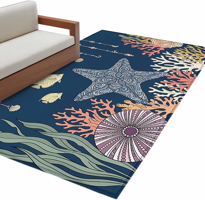 Area Rug 3x5ft, Ocean Starfish Coral Fish Washable Rugs for Living Room Bedroom, Underwater Creature on Navy Blue Soft Non-Slip Area Rugs Rectangle Floor Carpet for Dining Room