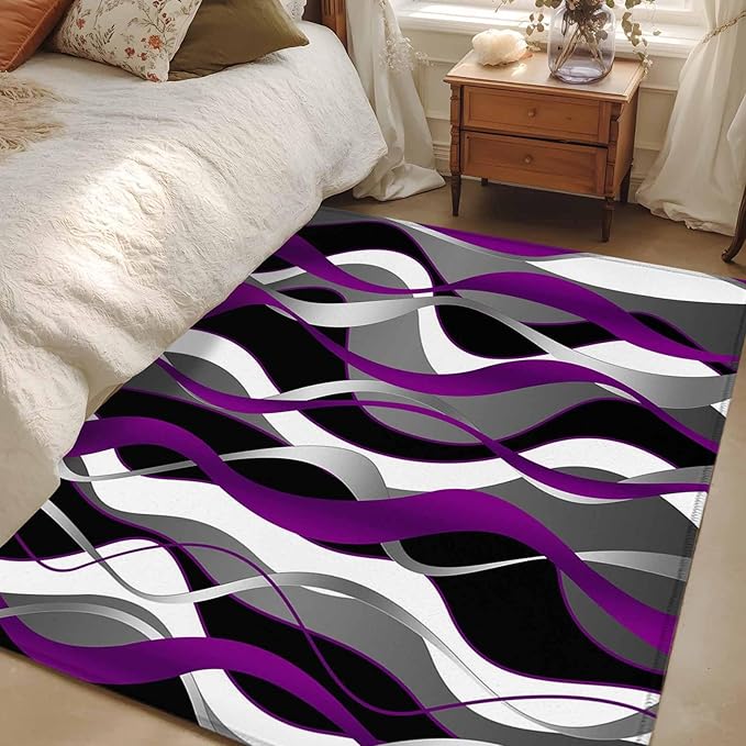 Area Rug 4x6ft, Abstract Purple Gray Black White Stripes Washable Rugs for Living Room Bedroom, Modern Lines Soft Non-Slip Area Rugs Rectangle Floor Carpet for Dining Room