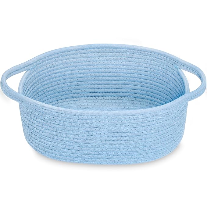 ABenkle Small Basket with Handles - Decorative Durable Rope Woven Storage Bin Shelf Storage Organizer Cube, Easter Baby Gift Basket, 12"x8"x5", Blue