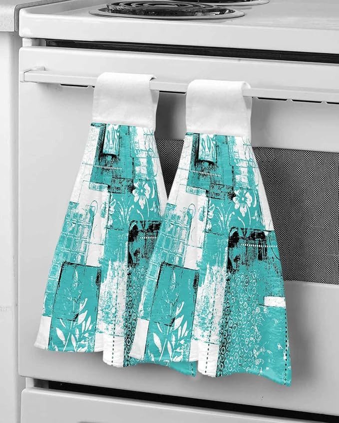 Alandar Home Kitchen Tie Towel Set of 1, Boho Abstract Geometric Texture Absorbent Soft Hand Towels for Bathroom Hanging Towels, Summer Leaves Turquoise Fast Drying Cleaning Cloth with Loop