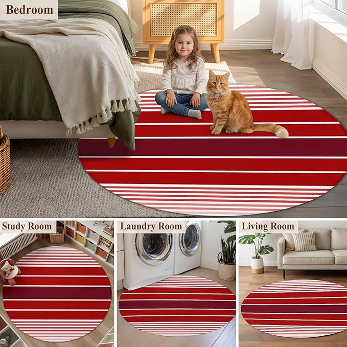 Washable Round Area Rug Abstract Gradient Red White Stripes Circle Rugs Floor Carpet for Living Room Bedroom, Ombre Modern Art Soft Non Slip Round Rug 3ft
