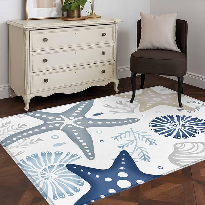Area Rug 3x5ft, Ocean Starfish Shell Conch Washable Rugs for Living Room Bedroom, Sea Blue Coral Seamless Soft Non-Slip Area Rugs Rectangle Floor Carpet for Dining Room