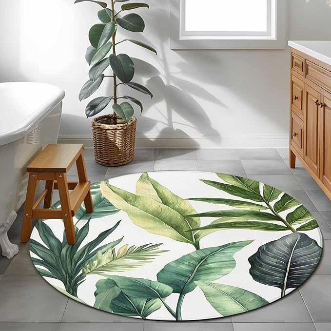 Washable Round Area Rug Summer Green Tropical Palm Leaves Circle Rugs Floor Carpet for Living Room Bedroom, Watercolor Plant Soft Non Slip Round Rug 3ft