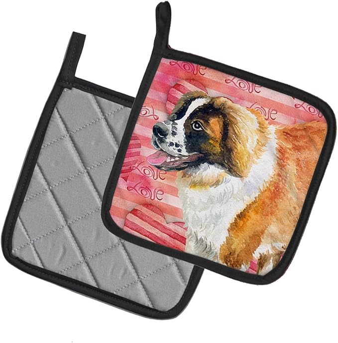 Caroline's Treasures BB9766PTHD Saint Bernard Love Pair of Pot Holders, Red Kitchen Heat Resistant Pot Holders Sets Oven Hot Pads for Cooking Baking BBQ, 7 1/2 x 7 1/2