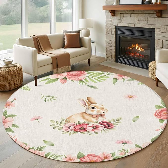 Washable Round Area Rug Retro Easter Rabbit on Linen Circle Rugs Floor Carpet for Living Room Bedroom, Spring Pastoral Pink Flower Leaf Soft Non Slip Round Rug 5ft