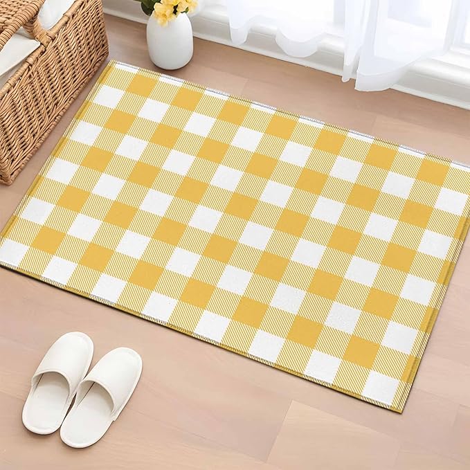 Area Rug 2x3ft, Rustic Country Yellow and White Buffalo Lattice Checked Washable Rugs for Living Room Bedroom, Farm Style Soft Non-Slip Area Rugs Rectangle Floor Carpet for Dining Room