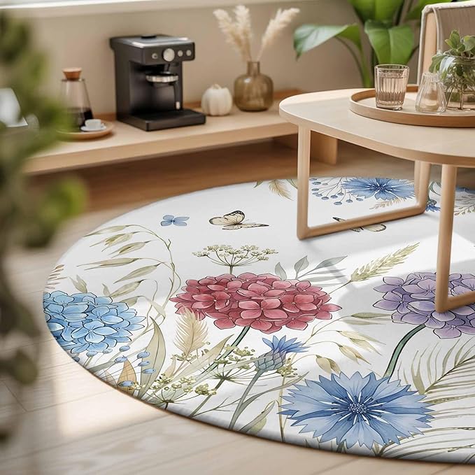 Washable Round Area Rug Watercolor Hydrangea Flower Circle Rugs Floor Carpet for Living Room Bedroom, Garden Floral Butterfly Leaves Soft Non Slip Round Rug 3ft