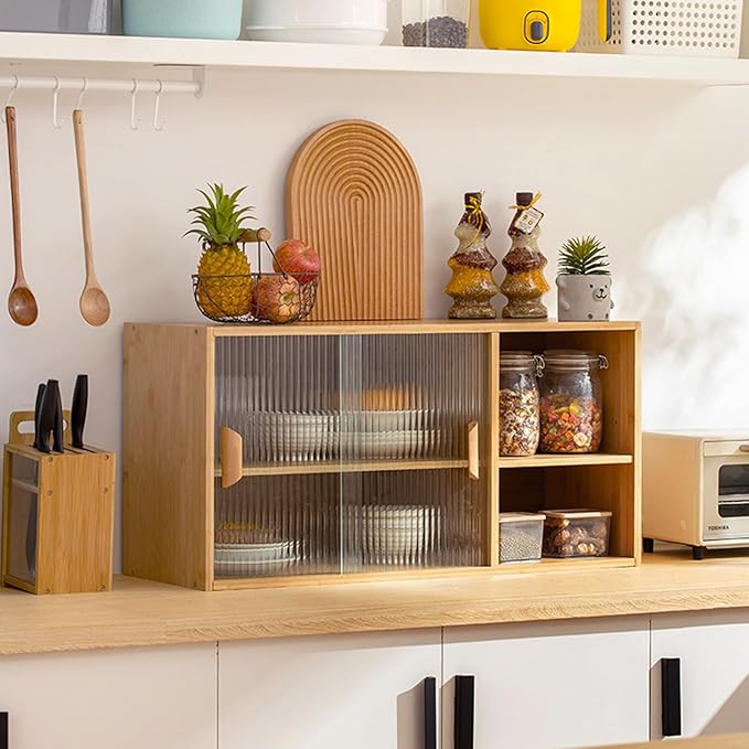 Countertop Kitchen Pantry Cabinet,Bamboo Wall Sideboard with Sliding Glass Doors,Pantry Cabinet for Kitchen, Living Room,Dinning,Bedroom,Log Color,31.5" W