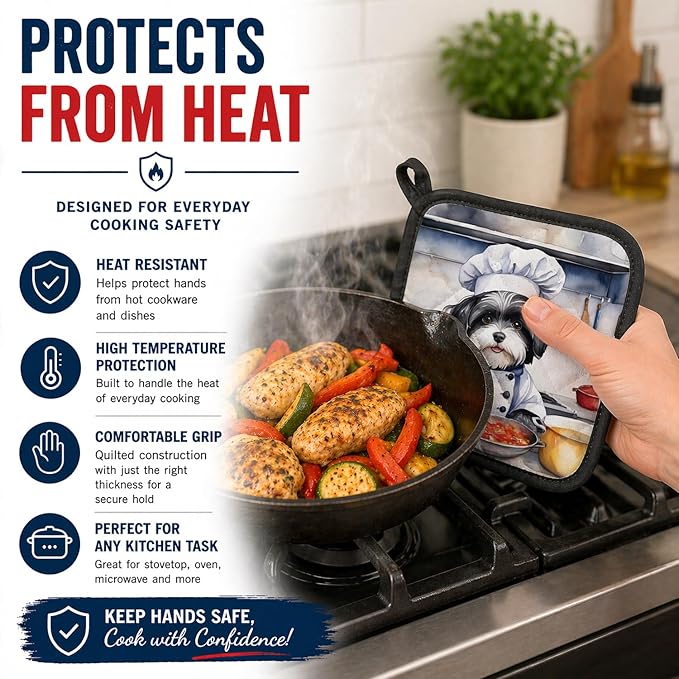 Caroline's Treasures Havanese The Chef Pair of Pot Holders Kitchen Heat Resistant Pot Holders Sets Oven Hot Pads for Cooking Baking BBQ, 7 1/2 x 7 1/2
