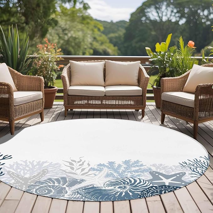 Washable Round Area Rug Underwater Blue Shells Starfish Coral Circle Rugs Floor Carpet for Living Room Bedroom, Summer Botantical Soft Non Slip Round Rug 5ft