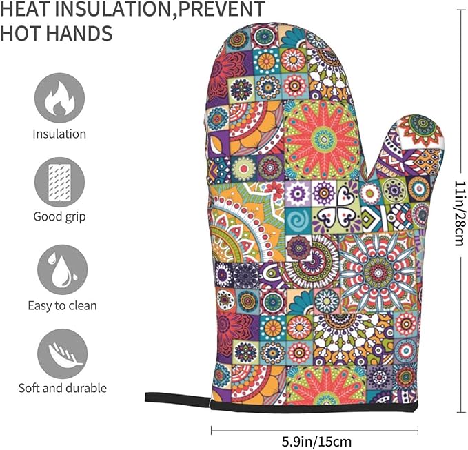 Boho Mandalas Oven Mitts of 2 Pack, Funny Kitchen Gloves Heat Resistant Non-Slip Kitchen Mitts for Cooking Baking Grilling