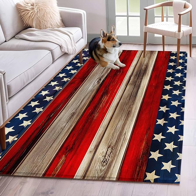 Area Rug 4x6ft, Vintage Stripes and Stars Washable Rugs for Living Room Bedroom, Patriotic 250th Anniversary Soft Non-Slip Area Rugs Rectangle Floor Carpet for Dining Room
