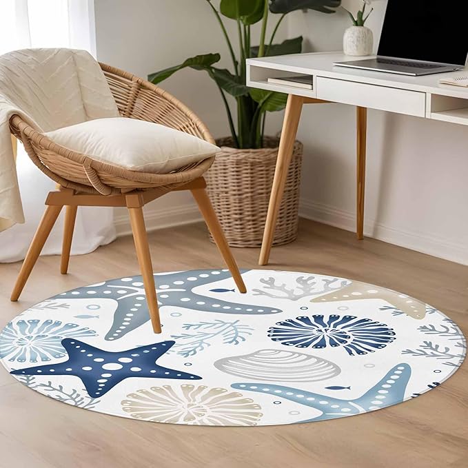 Washable Round Area Rug Ocean Starfish Shell Conch Circle Rugs Floor Carpet for Living Room Bedroom, Sea Blue Coral Seamless Soft Non Slip Round Rug 4ft