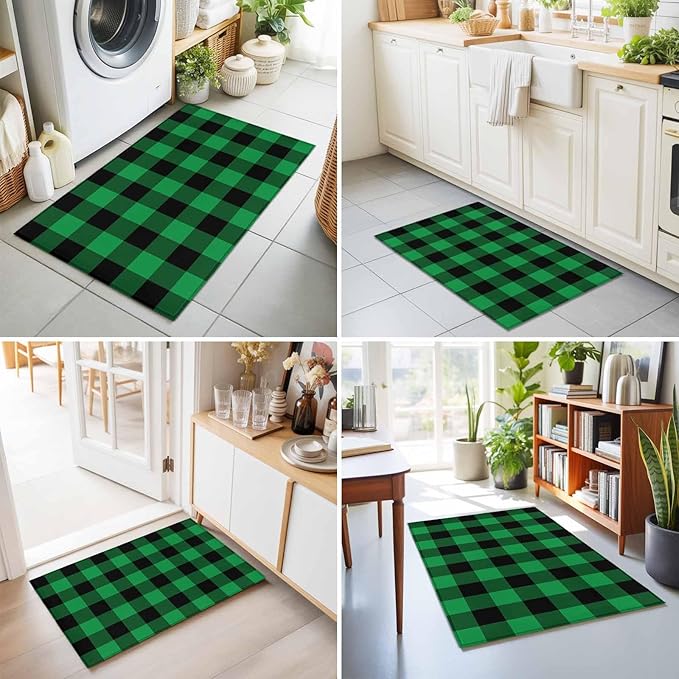 Area Rug 2x3ft, St. Patrick's Day Lucky Green Black Plaid Washable Rugs for Living Room Bedroom, Buffalo Lattice Soft Non-Slip Area Rugs Rectangle Floor Carpet for Dining Room