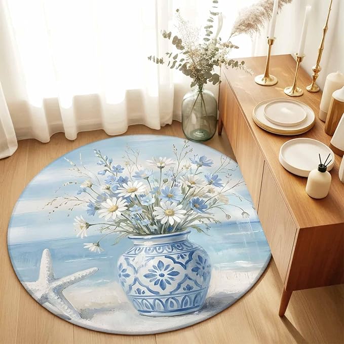Washable Round Area Rug Summer Beach Starfish Flower Circle Rugs Floor Carpet for Living Room Bedroom, Marine Theme Daisy Vase Soft Non Slip Round Rug 3ft