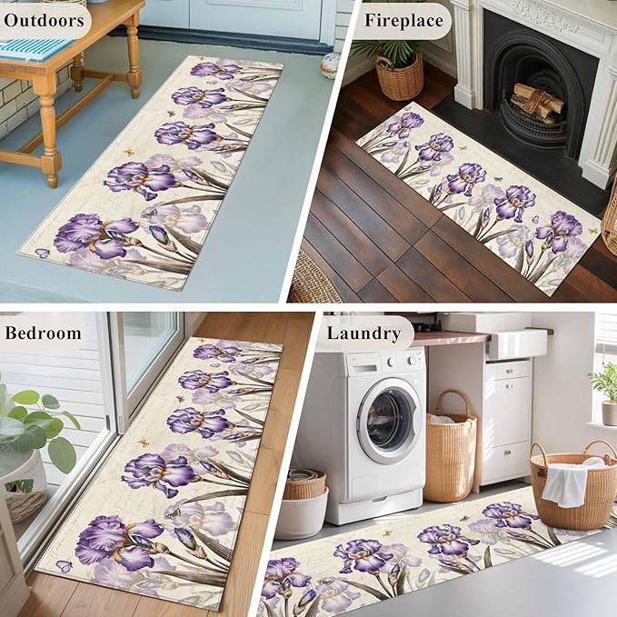 Runner Rug for Bedroom Hallway, Pastoral Purple Flower Watercolor Kitchen Runner Rugs Area Rug 2x6ft, Country Botanical Butterflies Washable Soft Floor Carpet for Entryway Stair