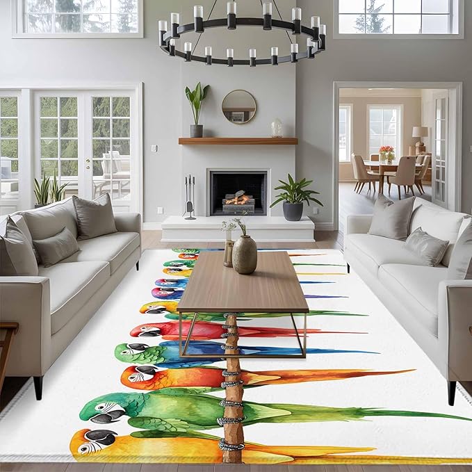 Area Rug 6x9ft, Funny Watercolor Parrot Washable Rugs for Living Room Bedroom, Red Green Blue Gradient Bird Soft Non-Slip Area Rugs Rectangle Floor Carpet for Dining Room