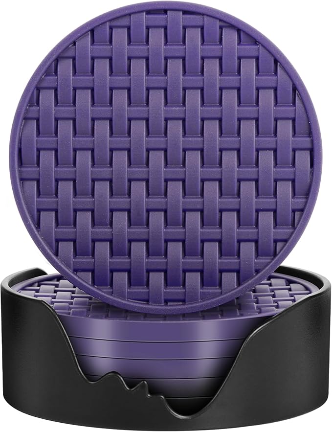 Purple Silicone Coasters with Holder, 4 Inch Non-Slip Decorative Drink Coasters, Heat-Resistant & Waterproof Round Cup Mats Set of 6 for Home, Office, Kitchen, Bar & Table - Housewarming Gift