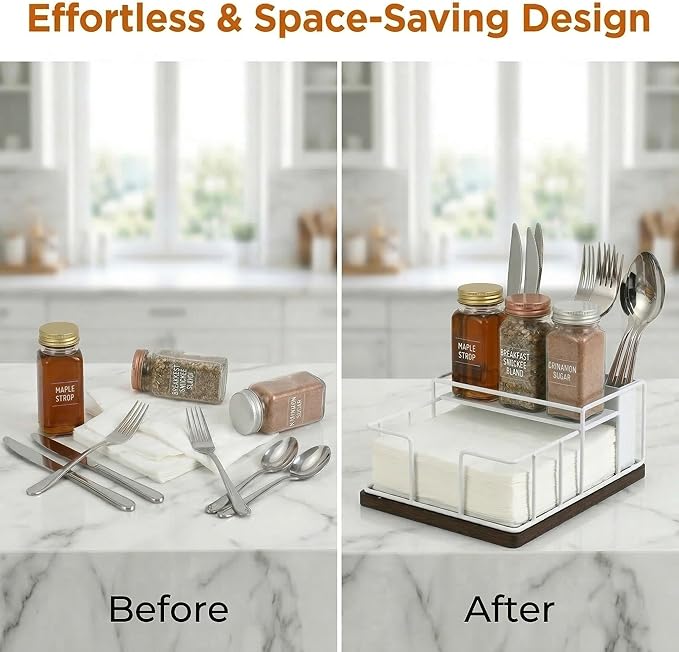 Napkin Holder for Table, 3-in-1 Wood & Metal Utensil Caddy, Cutlery Organizer & Spice Rack for Kitchen Counter, Dining, Outdoor Patio (White)