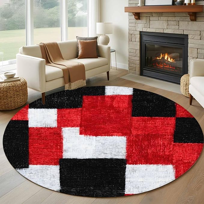 Washable Round Area Rug Red Black White Gradient Circle Rugs Floor Carpet for Living Room Bedroom, Abstract Color Block Soft Non Slip Round Rug 5ft