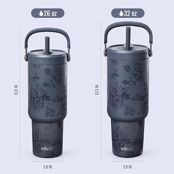 Ello Oasis Go+ 32oz Tumbler with Top Handle and Retracting Straw | Reusable Insulated Stainless Cup, 100% Leakproof Water Bottle, 24 Hours Cold, Cup Holder Friendly For Travel | Porcelain Rose Navy