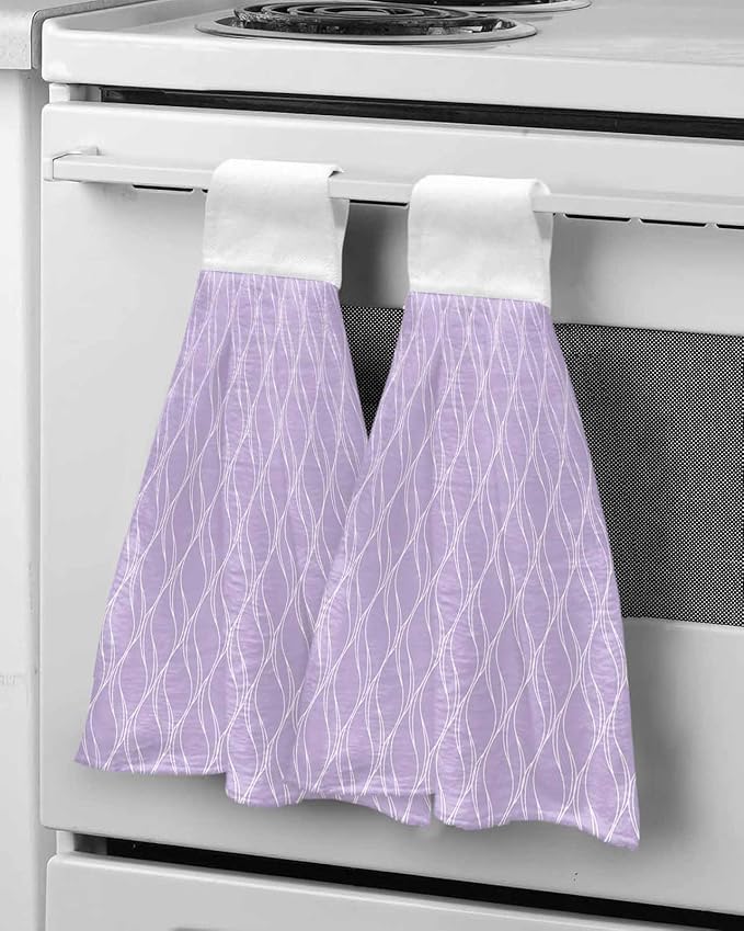 Alandar Home Kitchen Tie Towel Set of 1, Purple Stripes Waves Absorbent Soft Hand Towels for Bathroom Hanging Towels, Abstract Minimalist Art Fast Drying Cleaning Cloth with Loop