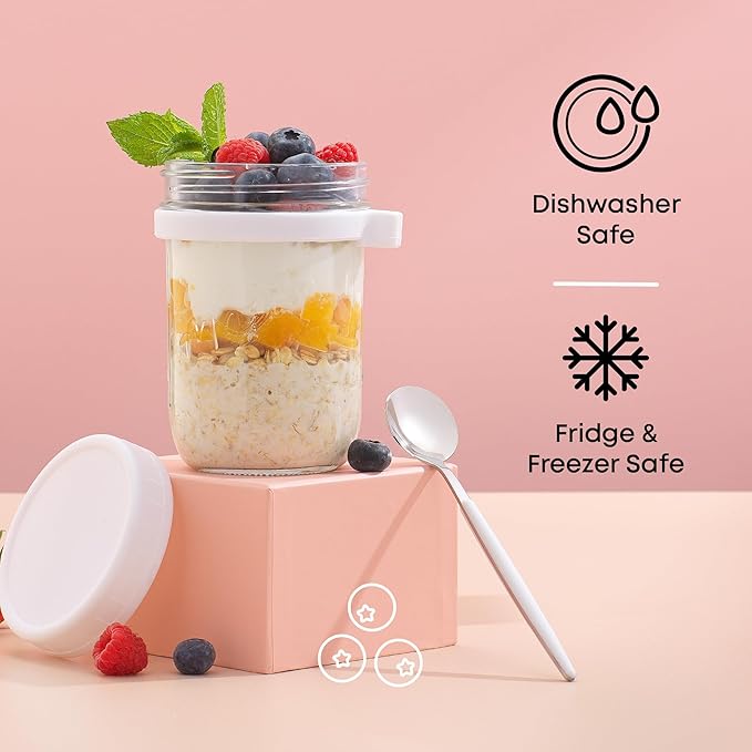 JoyJolt 3-Pack Glass Overnight Oats Jars with Lids and Spoons Set (16 oz), Mason Jars for Overnight Oats, Chia Pudding Jars with Lids - BPA-Free, Leak Proof Small Containers for Meal Prep