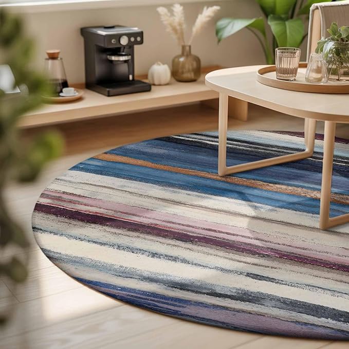 Washable Round Area Rug Modern Gradient Striped Art Circle Rugs Floor Carpet for Living Room Bedroom, Retro Abstract Rustic Texture Soft Non Slip Round Rug 3ft
