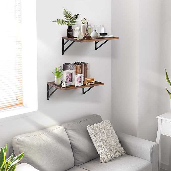 Tectocker-DOU 2 Pc Deep Floating Shelves ; Wall Mounted Hanging Shelves for Living Room, Kitchen, Office, Bathroom and Bedroom Decor; Storage and Display Shelf Set (Brown, 16W×12D)