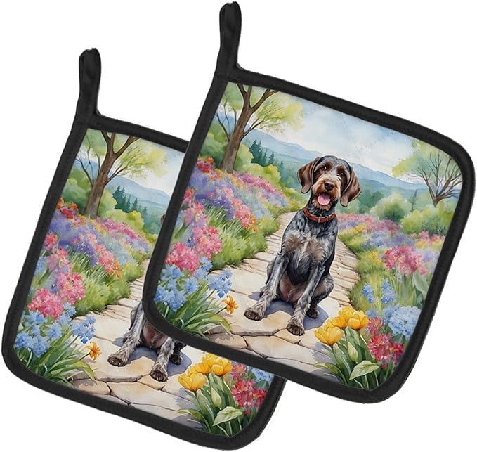 Caroline's Treasures German Wirehaired Pointer Spring Path Pair of Pot Holders Kitchen Heat Resistant Pot Holders Sets Oven Hot Pads for Cooking Baking BBQ, 7 1/2 x 7 1/2