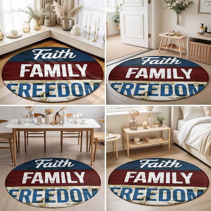 Washable Round Area Rug Independence Day USA Flag Circle Rugs Floor Carpet for Living Room Bedroom, Vintage Wooden Grain Soft Non Slip Round Rug 5ft