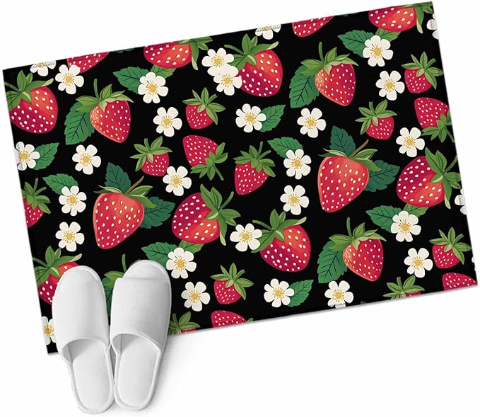Area Rug 2x3ft, Red Strawberry Litter Flower Leaves on Black Washable Rugs for Living Room Bedroom, Summer Fruit Soft Non-Slip Area Rugs Rectangle Floor Carpet for Dining Room