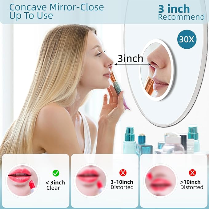 30X Concave Magnifying Mirror with Lights, 3-Color Light Adjustable Brightness, 6inch Travel Magnified Mirror with Suction Cups, Large 30x High Makeup Magnification and Tweezers