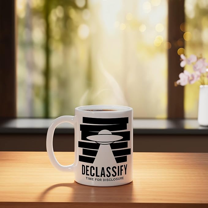UFO Declassify Disclosure Government Secrets Flying Saucer Ceramic Mug, White