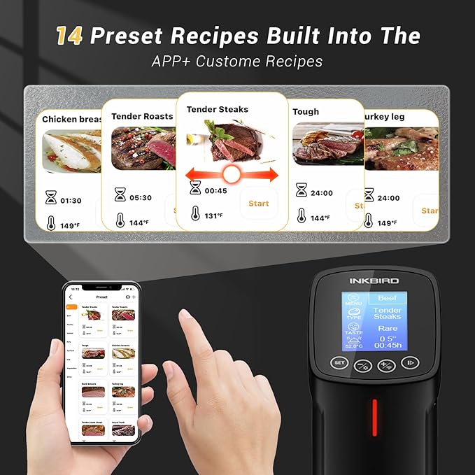 INKBIRD WIFI Sous Vide Cooker ISV-100W, 1000 Watts Sous Vide Machine Immersion Circulator with 14 Preset Recipes on APP & Calibration Function, Thermal Immersion, Fast-Heating with Timer