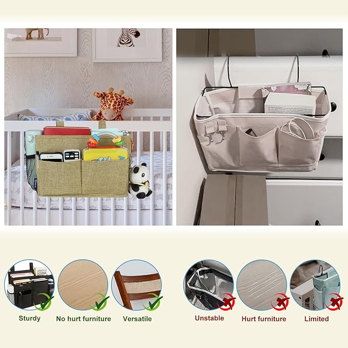 Surblue Bedside Caddy Hanging Bed Organizer Storage Bag Pocket for Bunk and Hospital Beds, College Dorm Rooms Baby Bed Rails, Camp 4 Pockets and 2 Hooks (Small,Linen)