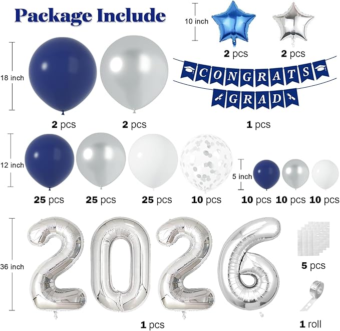 Graduation Decorations Class of 2026: Navy Blue and Silver Graduation Balloon Arch Garland Kit and Silver Confetti Balloons Congrats Grad Banner 2026 Foil Balloon