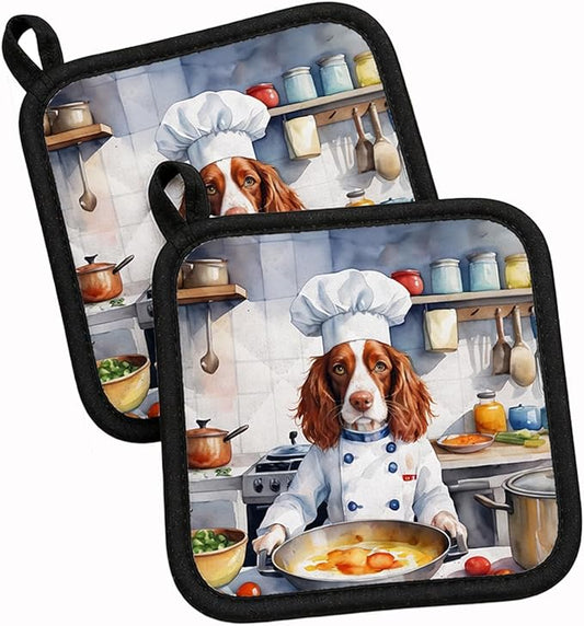 Caroline's Treasures Welsh Springer Spaniel The Chef Pair of Pot Holders Kitchen Heat Resistant Pot Holders Sets Oven Hot Pads for Cooking Baking BBQ, 7 1/2 x 7 1/2