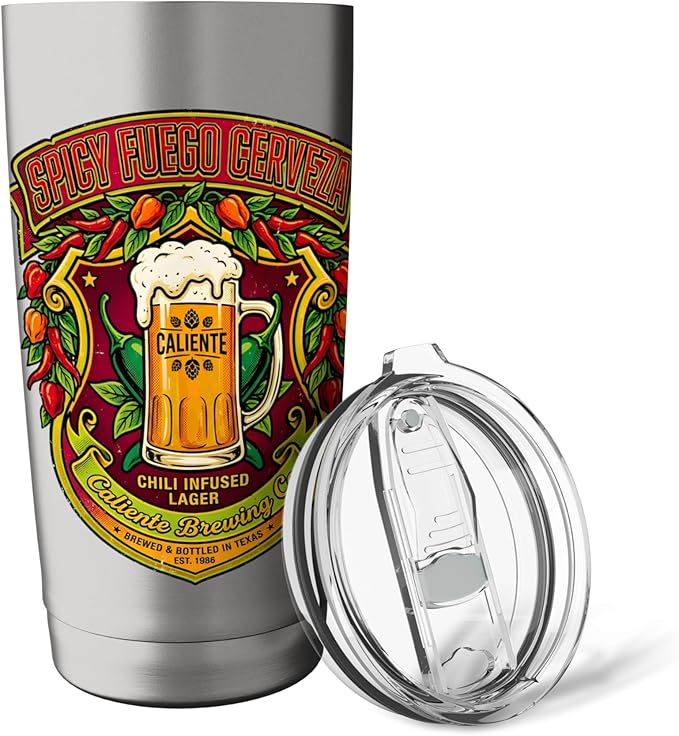 Spicy Fuego Cerveza Chili Texas Drinking Vintage Beer Label Stainless Steel Insulated Tumbler
