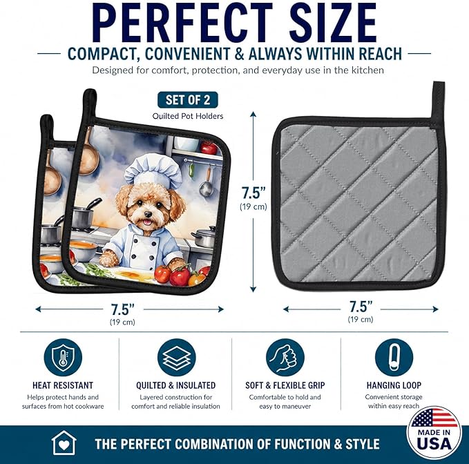 Caroline's Treasures Maltipoo The Chef Pair of Pot Holders Kitchen Heat Resistant Pot Holders Sets Oven Hot Pads for Cooking Baking BBQ, 7 1/2 x 7 1/2