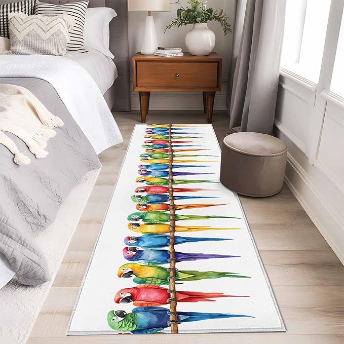 Runner Rug for Bedroom Hallway, Funny Watercolor Parrot Kitchen Runner Rugs Area Rug 2x6ft, Red Green Blue Gradient Bird Washable Soft Floor Carpet for Entryway Stair