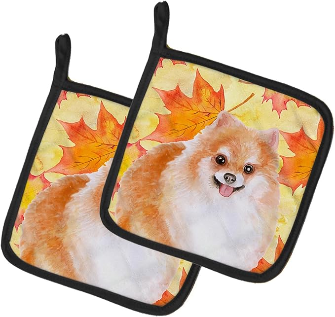 Caroline's Treasures BB9977PTHD Pomeranian #2 Fall Pair of Pot Holders, Yellow Kitchen Heat Resistant Pot Holders Sets Oven Hot Pads for Cooking Baking BBQ, 7 1/2 x 7 1/2